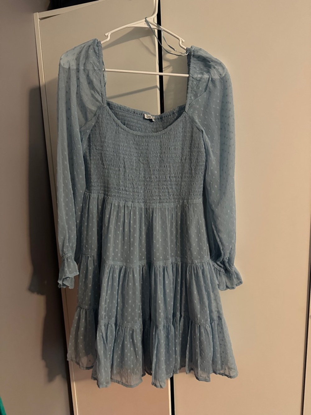 Girls' Light Blue Swiss Dot Tiered Dress